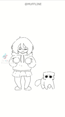 a black and white drawing of a girl holding a cup of coffee and a cat .