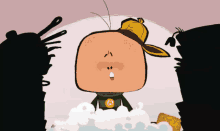 a cartoon character with a yellow hat and a badge that says a on it