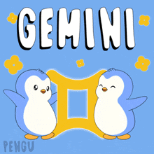two penguins are standing next to each other and the word gemini is on the blue background