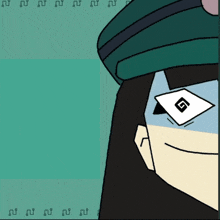 a cartoon character with a g on his eye is smiling