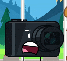 a cartoon drawing of a camera with a surprised look on it 's face