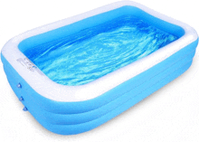 a large blue and white inflatable swimming pool filled with water
