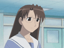 a girl with long brown hair wearing glasses and a sailor uniform