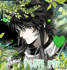 a picture of a boy with long black hair and the words i love you