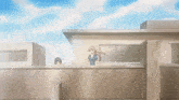 a man and a woman are standing on the roof of a building with a blue sky in the background