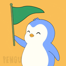 a penguin is holding a green flag with the word pengu on the bottom right
