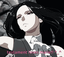 a black and white drawing of a girl with the words testament loves marie below her
