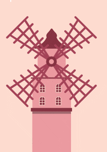 a pink windmill on a pink background with a few windows