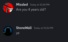 a screenshot of a discord conversation between missled and stonewall