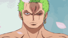 a cartoon of a man with green hair holding a sword in his mouth