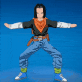 a cartoon character with a scarf around his neck is standing on a blue background