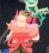 a cartoon character is holding a sword and a cake in his hands .