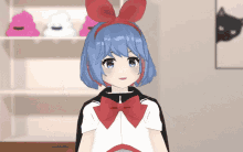 a cartoon girl with blue hair and a red bow
