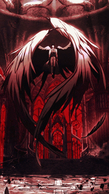 a man with wings is standing in front of a red cathedral