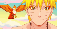 a cartoon of a man with yellow hair and a bird flying in the background with the word zrakohs on the bottom right