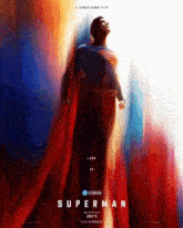 a movie poster for superman shows a man in a red cape