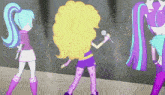 a cartoon of a girl singing into a microphone with a crowd behind her
