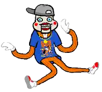 a pixel art drawing of a clown wearing a game bro t-shirt