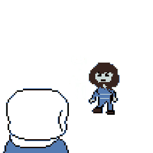 a pixel art drawing of a person holding a blue object in their hand and a marshmallow .