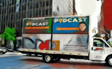 a truck with the word podcast on the side of it