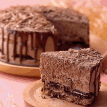a slice of chocolate cake is sitting on a wooden plate