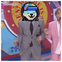 a pixel art of a man in a suit and tie dancing