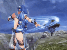 a video game character is standing in a field with a blue sky in the background