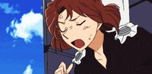 a cartoon drawing of a woman with red hair and a blue sky behind her
