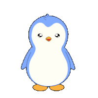 a blue and white penguin with orange feet and a yellow beak