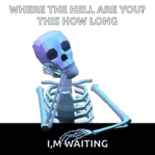 a skeleton is sitting at a table with the words " where the hell are you this how long i 'm waiting "