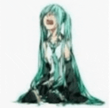 a drawing of a girl with long green hair sitting on the ground .