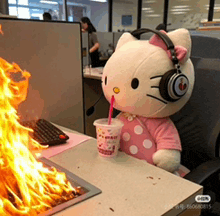 a hello kitty stuffed animal is sitting at a desk with a cup of milkshake