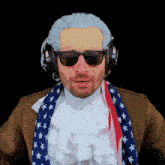 a man wearing a wig and sunglasses is wearing headphones