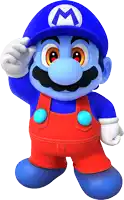 a cartoon character with a blue hat and red overalls has a letter m on his hat