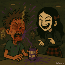 a cartoon of a girl laughing while a boy holds a can of grape soda