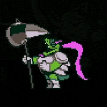 a pixel art of a knight with a pink ponytail holding a sword .