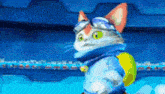 a cartoon cat wearing a blue jacket and goggles