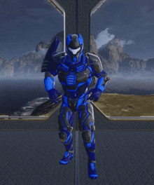 a blue and black armored figure stands in front of a window
