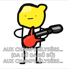 a cartoon drawing of a lemon holding a microphone and a guitar