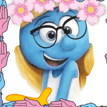 a blue smurf with glasses and a flower crown on her head