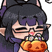a cartoon girl with purple hair is holding a pumpkin with candy in it