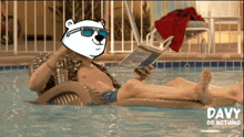 a polar bear reading a book in a pool with davy do nothing on the bottom