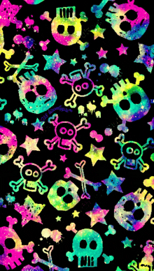 a pattern of colorful skulls and crossbones on a black background with the word nis on the bottom