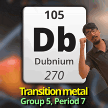a man stands in front of a periodic table symbol for dubnium 270