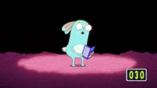a cartoon rabbit is reading a book on a stage with a number 030 in the corner .