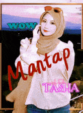 a woman wearing a hijab talks on a cell phone with wow written on the bottom