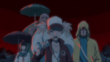 a group of people holding umbrellas with one wearing a jacket that says ' 狼 '