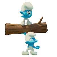 two smurfs are standing on a log and one has a red heart on his chest