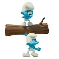 two smurfs are standing on a log and one has a red heart on his chest