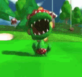 a cartoon character is standing on a green field with a mushroom hat on .